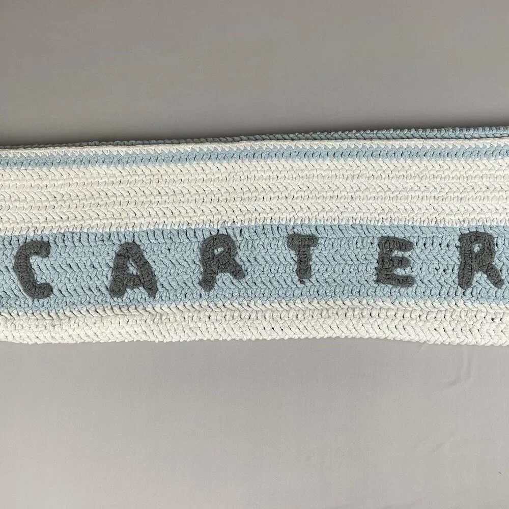Handmade Crochet Baby Newborn Blanket Shower Gift Afghan Blue Stripe Boy Carter